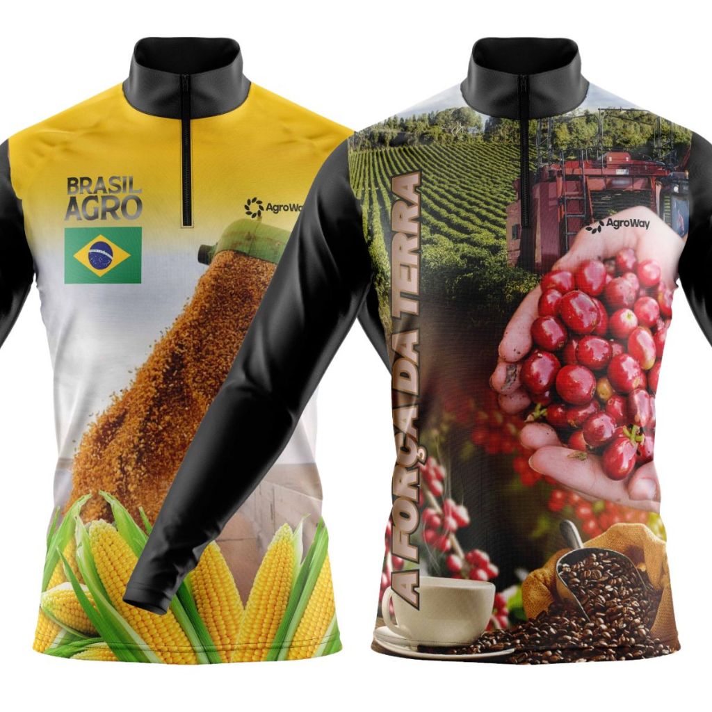 Kit 2 Camisa Camiseta Agro Manga Longa Zíper Trabalho Campo Roça Colheita Gado Boi Brasil Soja Café Cana Açúcar
