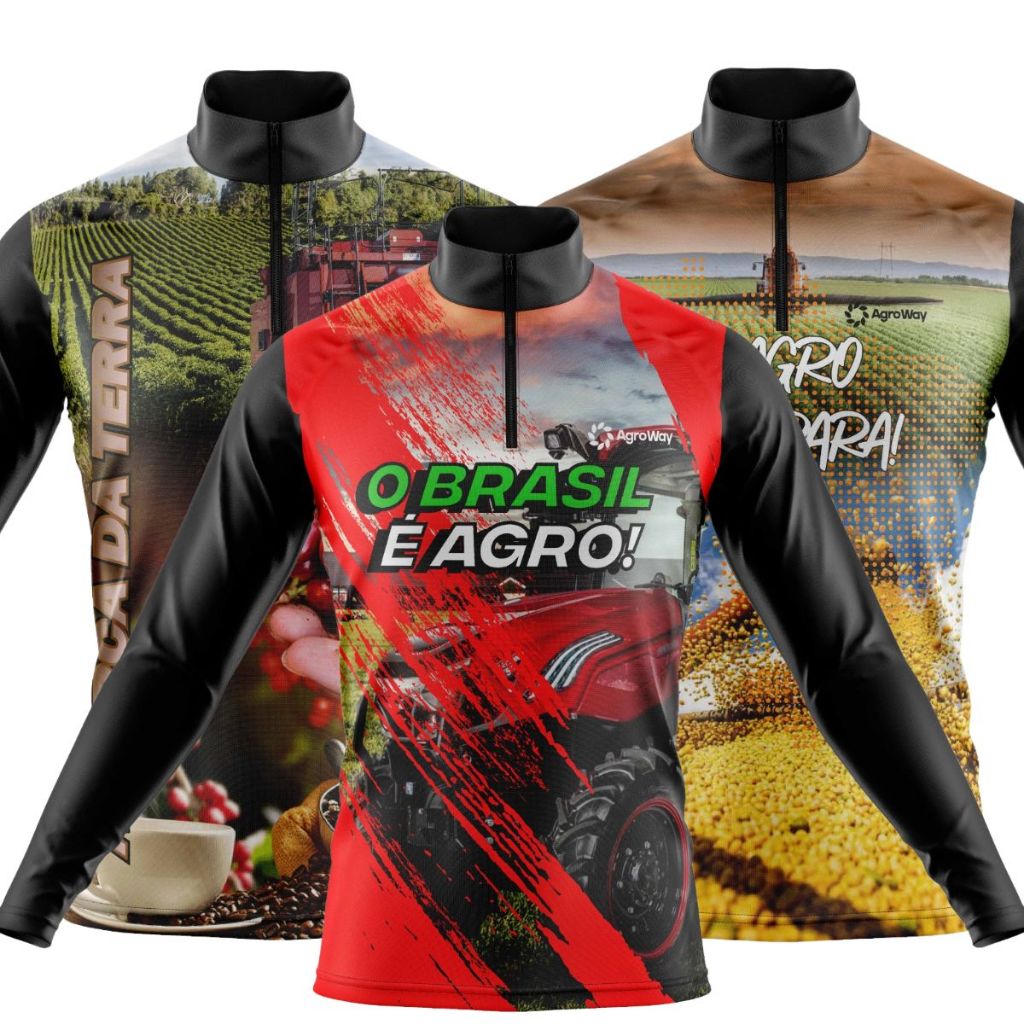 Kit 3 Camisa Camiseta Agro Manga Longa Zíper Proteção Uv Solar Colheita Soja Plantação Café Brasil Boi Campo Trabalho