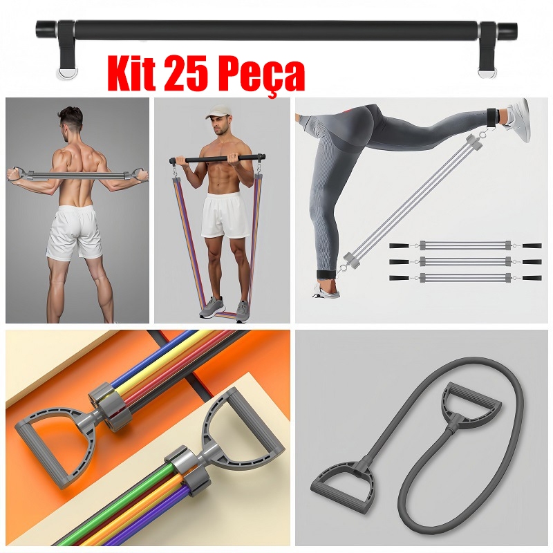 Kit 25 Peça Portable Yoga Pilates Bar with Elastic Bands Extender Exercise Gym Workout Bodybuilding