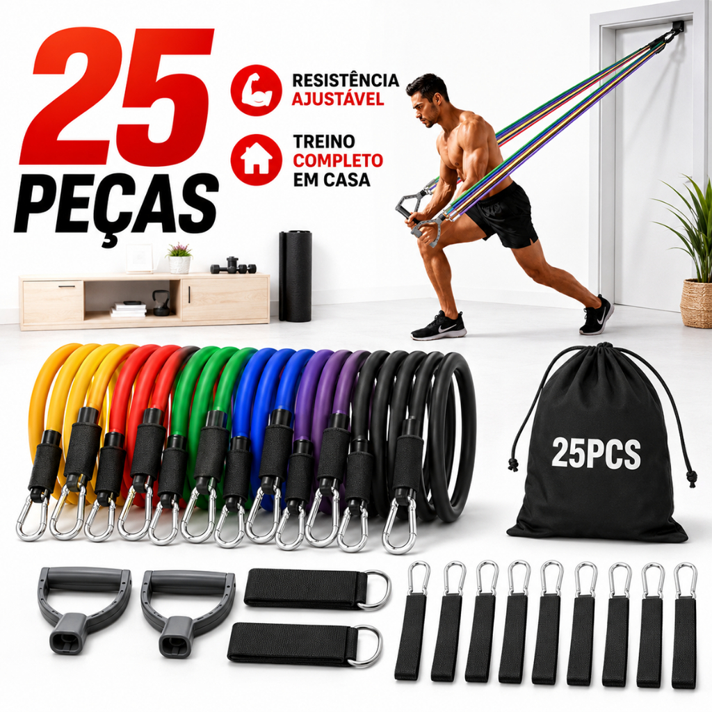 Kit 25 Peça Portable Yoga Pilates Bar with Elastic Bands Extender Exercise Gym Workout Bodybuilding