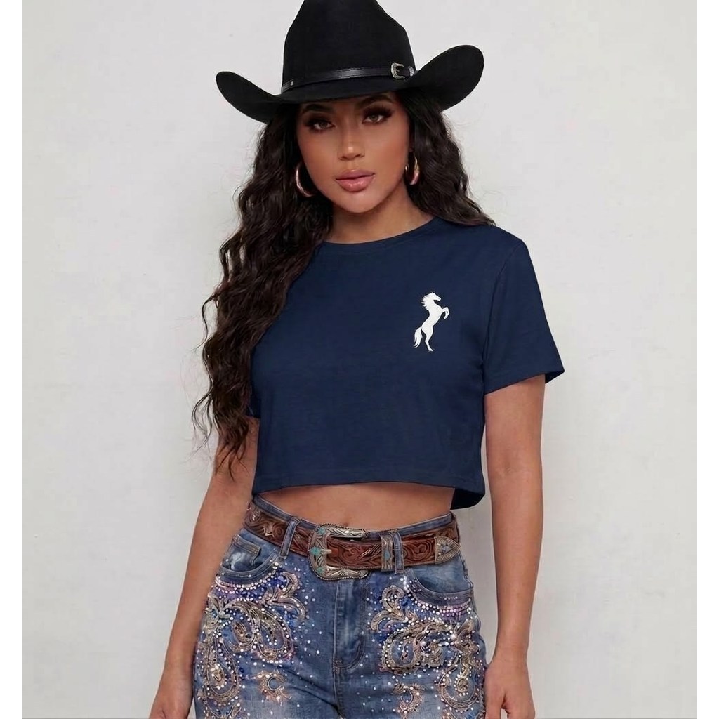 Cropped Feminino Agro Country Texas Cavalo Minimalista Chapéu Cowgirls 100% Algodão Moda Rodeio