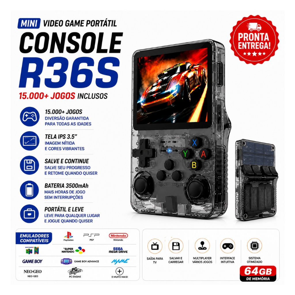 Console Portátil R36S + de 15.000 Jogos Vídeo Game 64g Linux Tela IPS 3.5 Polegadas a Pronta Entrega