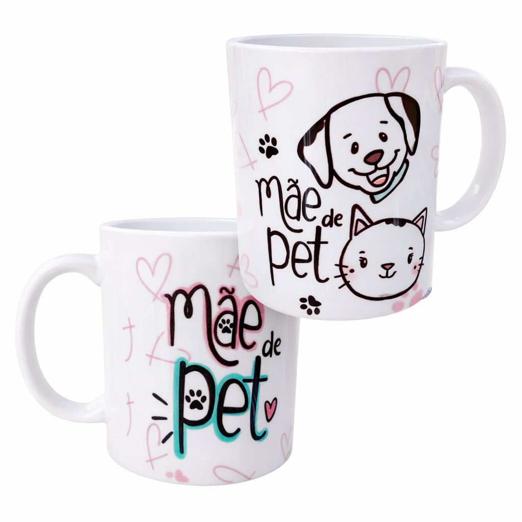 Caneca Porcelana Café Chá Xícara Decorada Desenho Cachorro Gato Mãe de Pet 300ml Estampa Qualidade