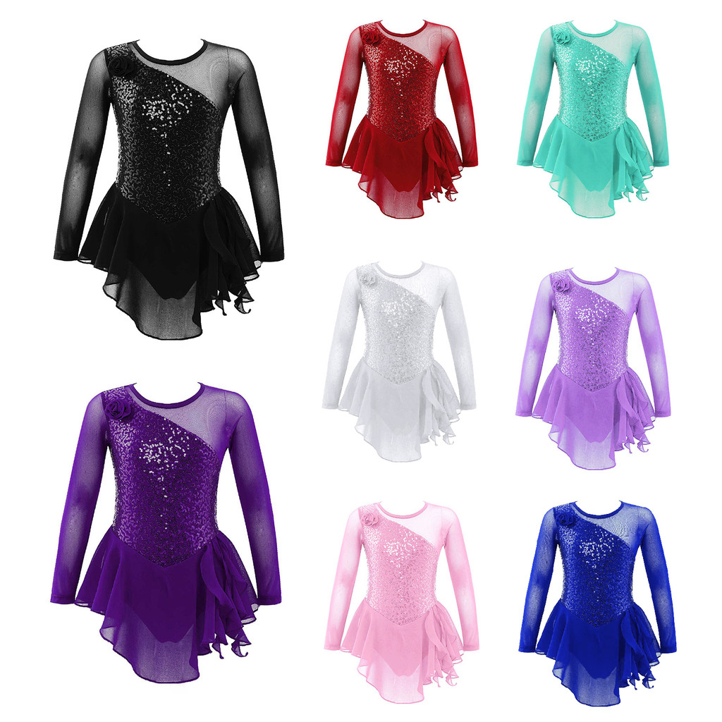 inhzoy Kids Girls Stylish Clothing Long Sleeve Round Neckline Sequins Decor Flower Front Hollow Back Dance Dress