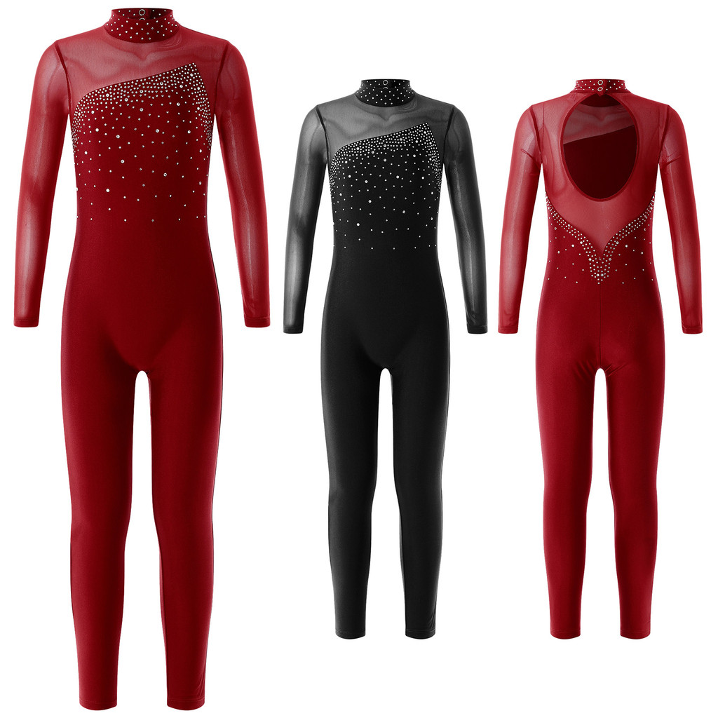 inhzoy Kids Girls Stylish Clothing Long Sleeve Round Collar Shiny Rhinestone Decorated Hollow Back Skating Jumpsuit