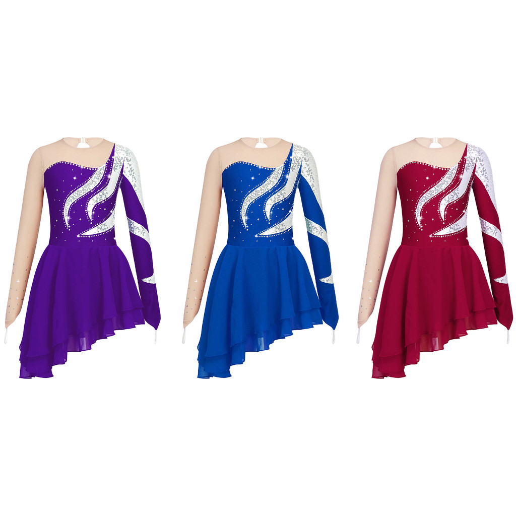 inhzoy Kids Girls Long Sleeve Round Neckline Shiny Sequins Decorated Patchwork Style Hollow Back Dance Dress