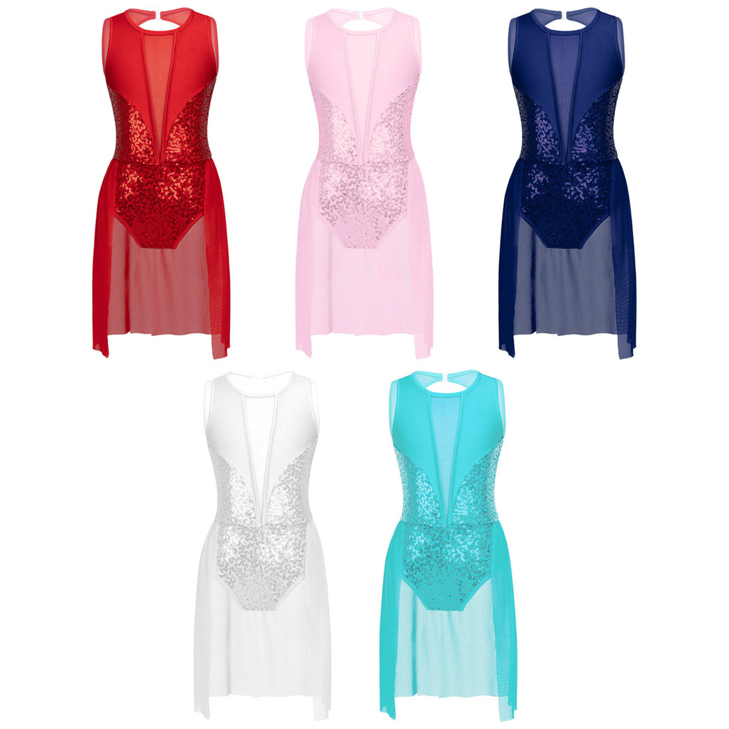 inhzoy Kids Girls Stylish Clothing Sleeveless Round Neckline Shiny Sequins Mesh Patchwork Hollow Back Dance Leotards