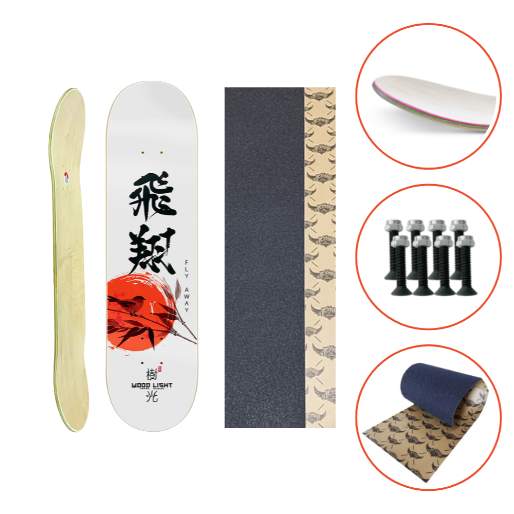 Kit Shape Skate Maple Canadense Wood Light Profissional 7 Laminas Resina Epoxi Lixa Jessup Bird Parafusos Porcas Street