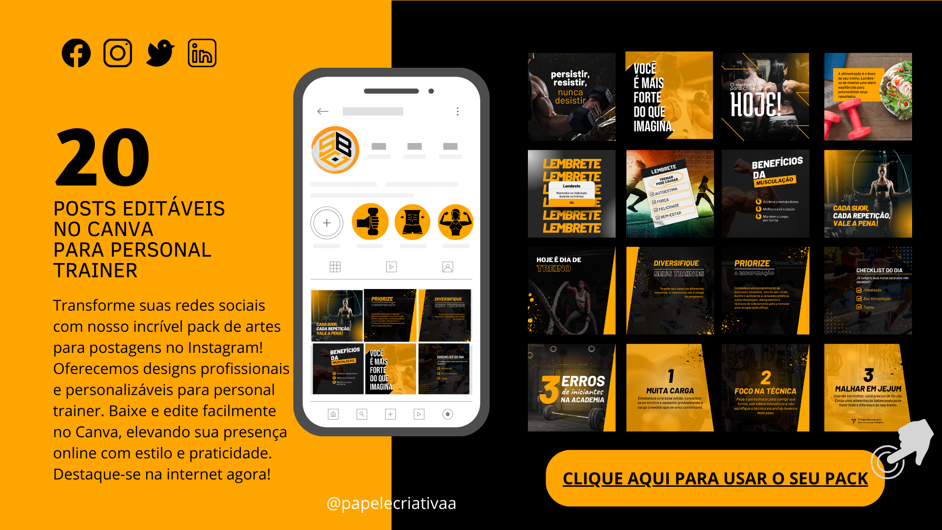 Pack de artes editáveis no Canva para Personal Trainer