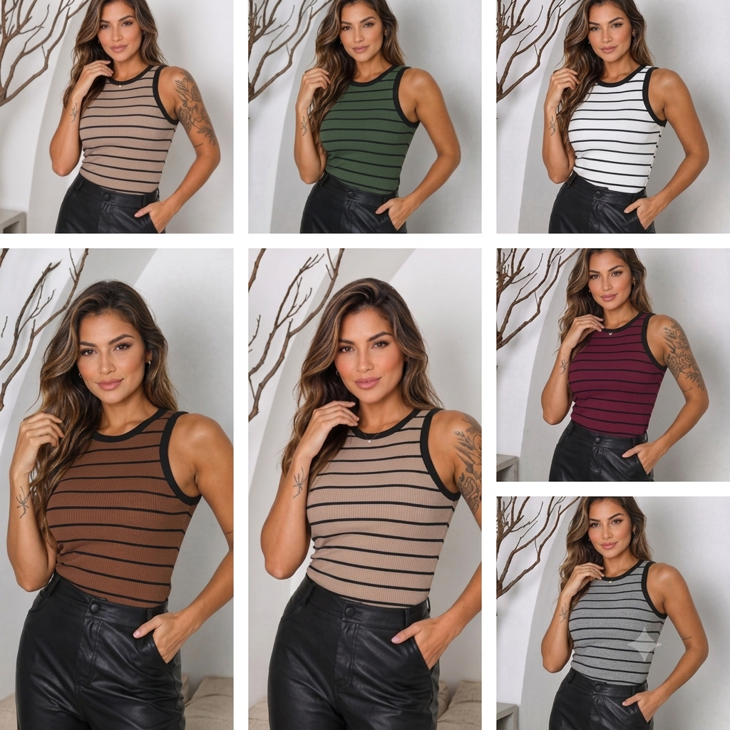 Camiseta Feminina Regata Canelada Listrada Nadador – Blusa Básica Casual de Algodão com Elastano Glamaura Moda Feminina