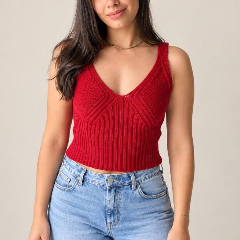 Regata Cropped Tricot Moda Ruth feminina detalhes no busto canelado Decote V Tendencia
