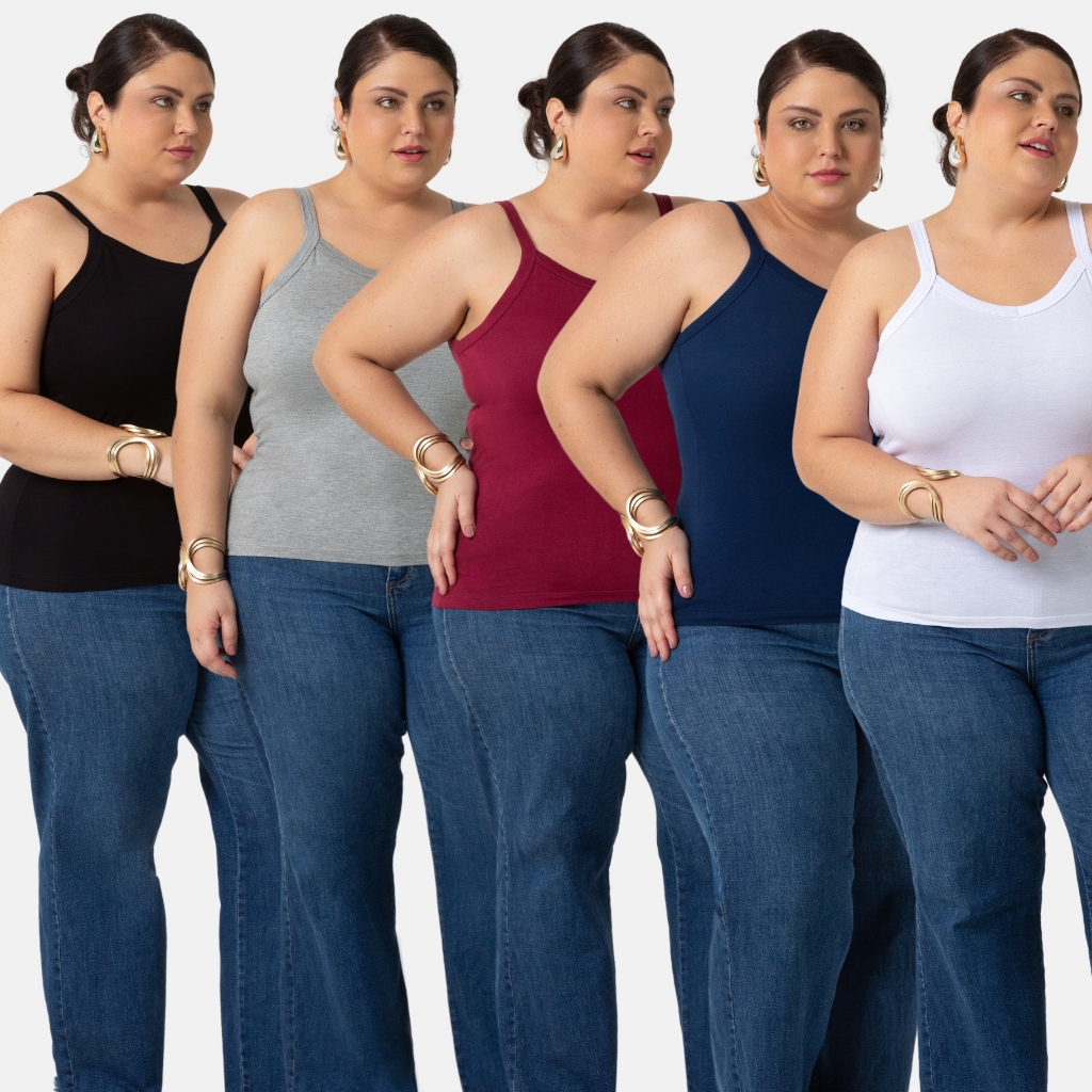 Kit 5 Regatas Básica Feminina Moda Plus Size Confortável P até G4 1123-KIT5