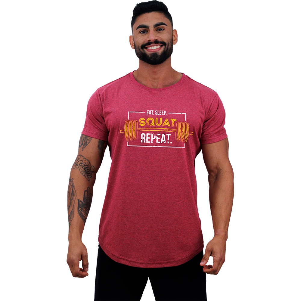 Camiseta Longline Masculina Algodão MXD Conceito Musculação Treino Lazer Eat. Sleep Squat Repeat