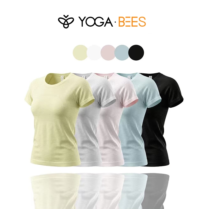 Yoga BEES Waffle Secagem Rápida Gola Redonda Manga Curta Camiseta Esportiva Raglan Slim Fit Respirável Anti-Squat Academ