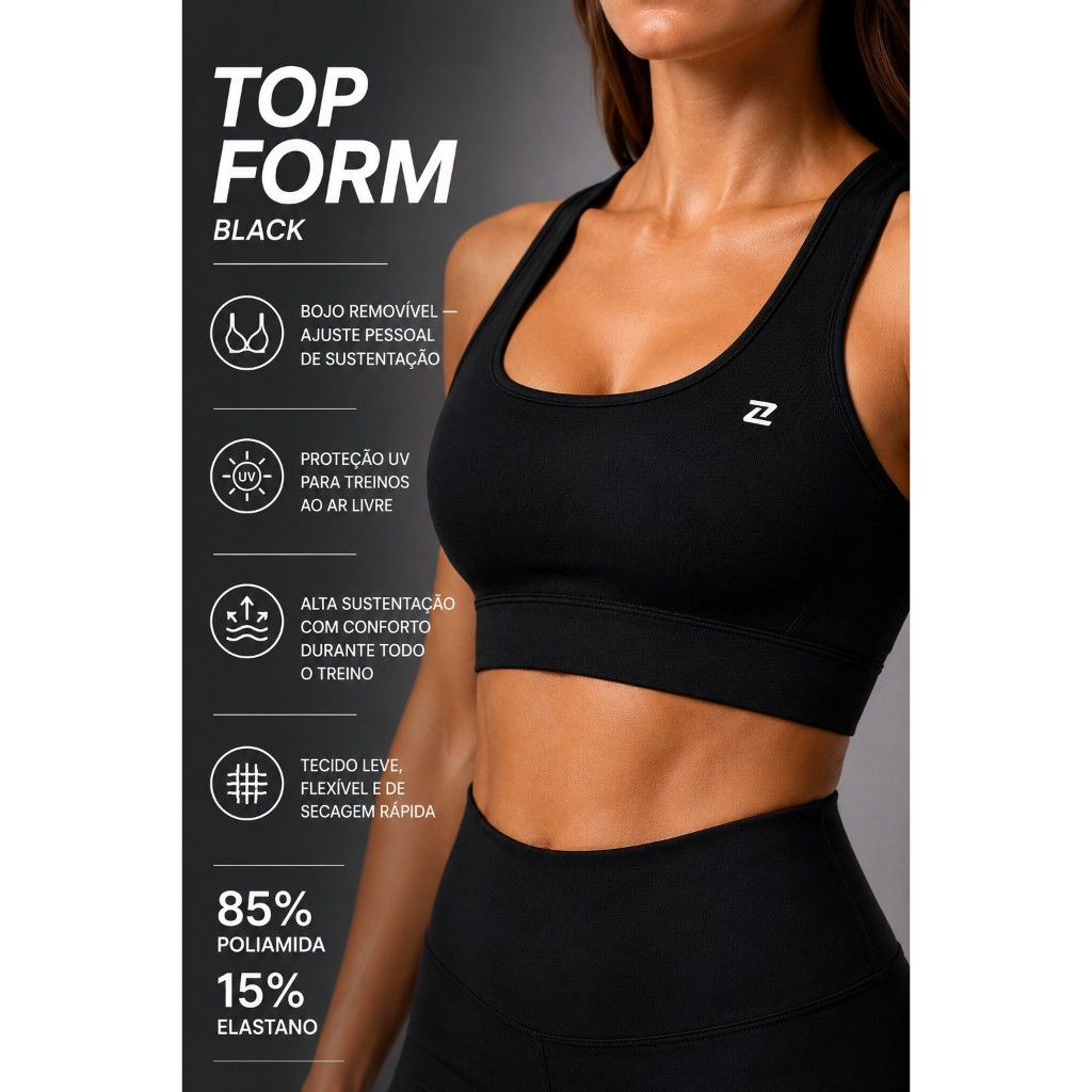 Top Fitness Feminino Academia Bojo Removível Suporte Médio Poliamida Proteção UV Preto Treino Yoga Pilates Musculação