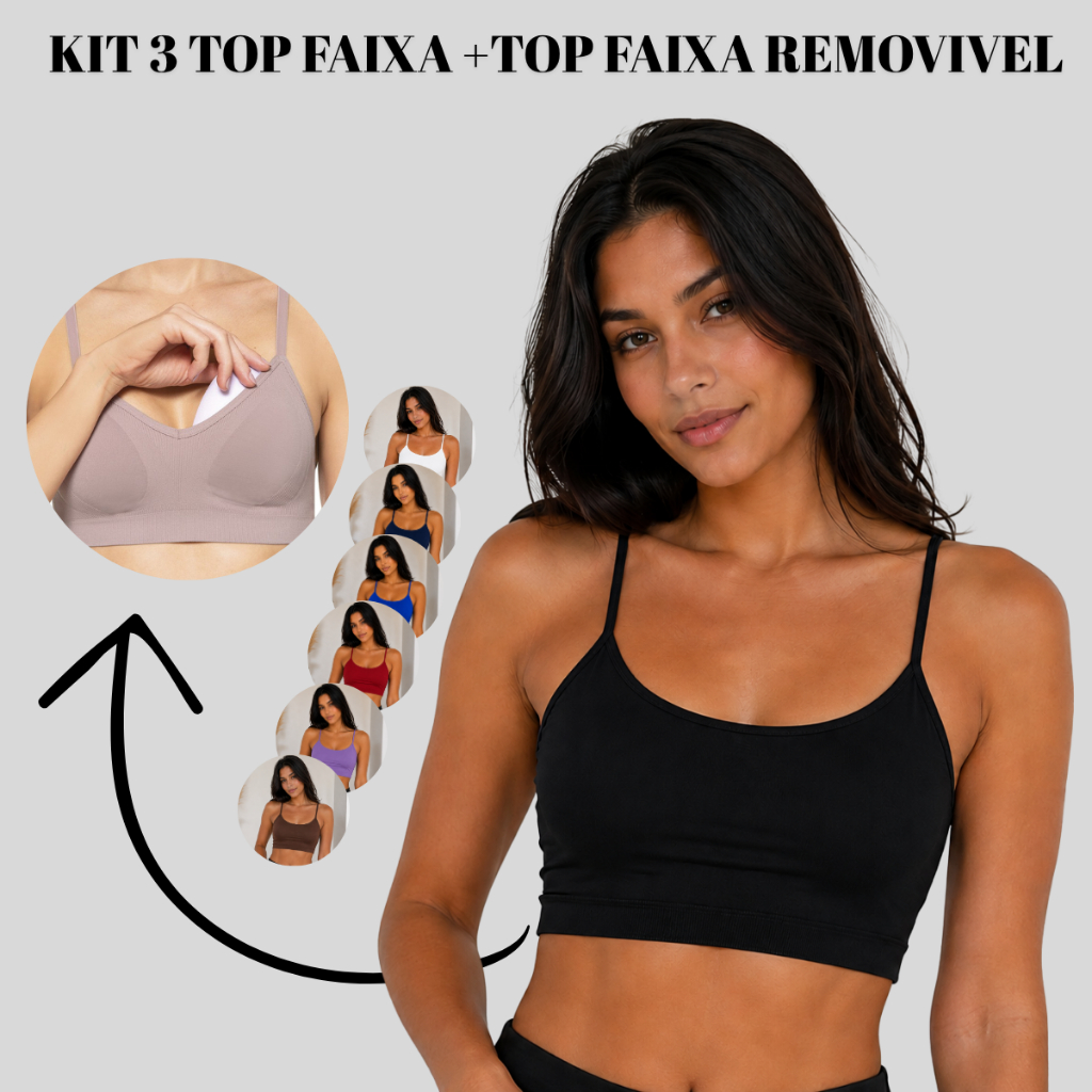 Kit 3 Top Sutiã Faixa Cropped Feminino com Bojo Removívela Alça Fina Fitenss Academia Yoga Pilates Treino