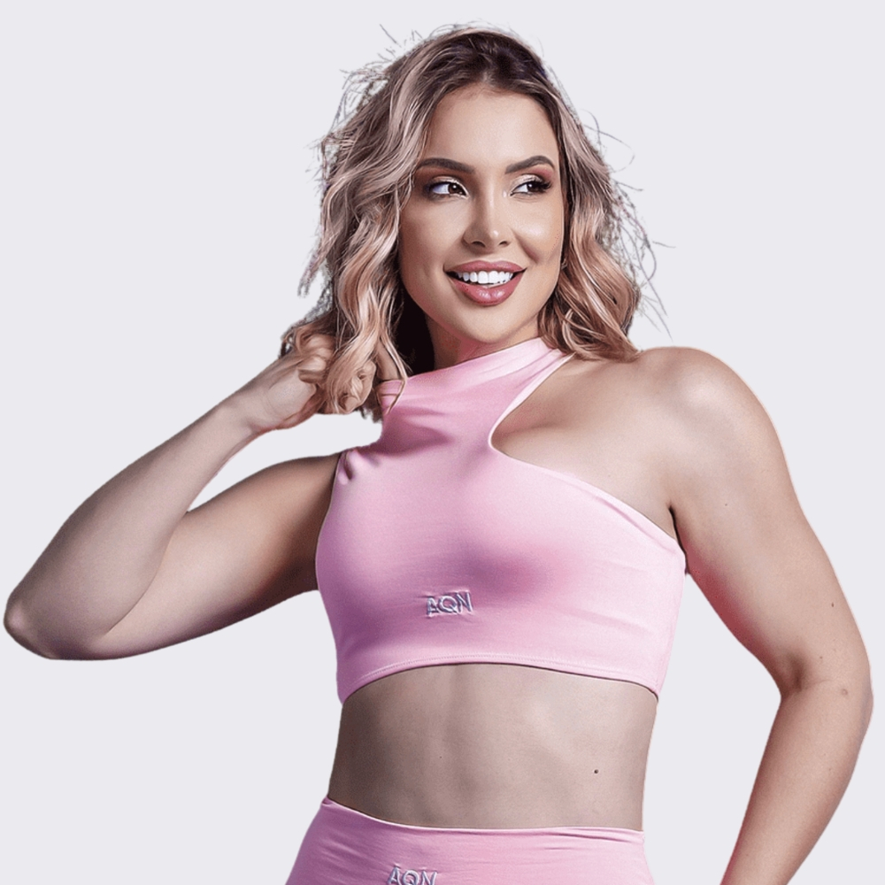 Cropped Academia Fitness Rosa Pantera Embutido Bordado Frontal Corrida Yoga Zero Transparência Lux AQN SPORT