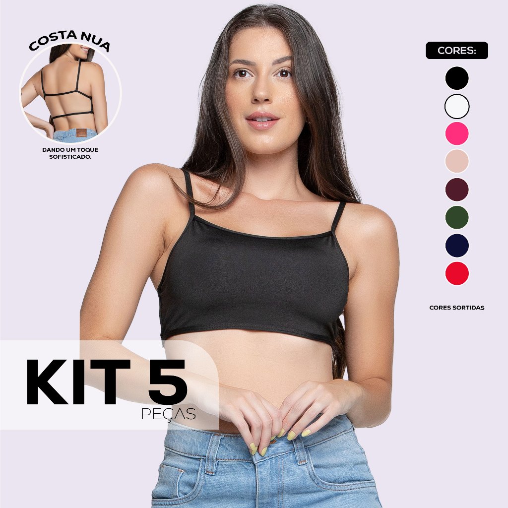 Kit 5 Top Cropped Faixa Costa Nua Esportivo Ginásio De Yoga Modelo Blogueirinha Alça Fina D'ocê