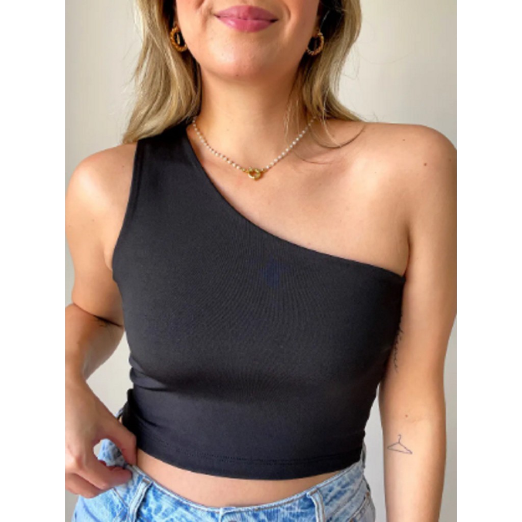 Top Cropped Sem Bojo Um Ombro Só Basico Moda Blogueira Feminino Esporte Yoga