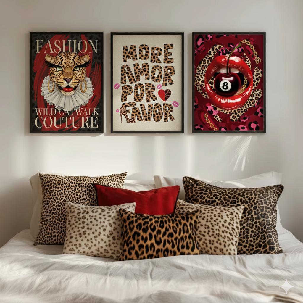Quadros decorativos moda felina glamour retrô moderno (3 peças)
