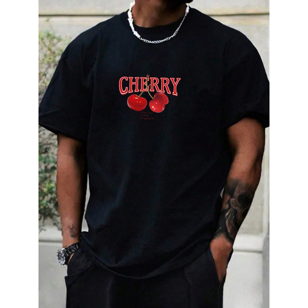 Manfinity Homme Camiseta Masculina Gola Redonda Com Estampa De Carta De Cereja E Manga Curta