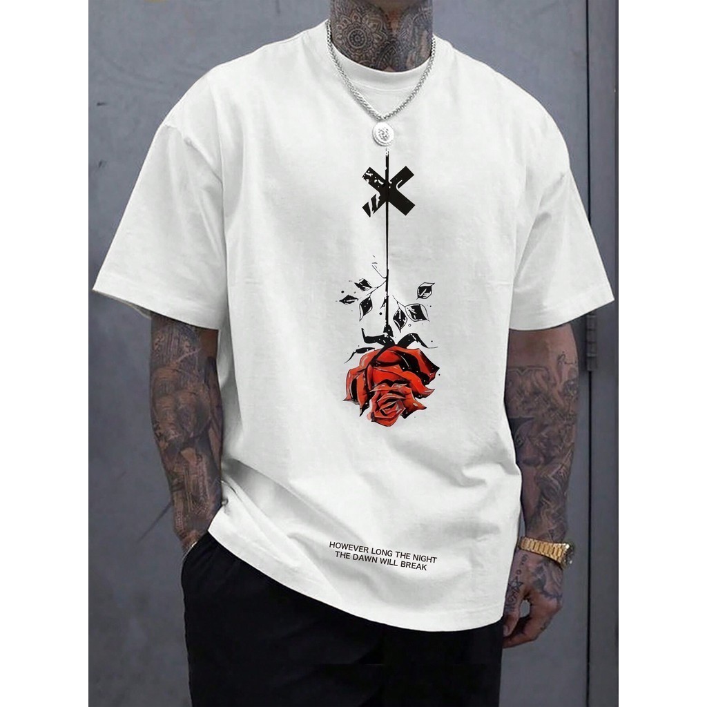 Manfinity Homme Camiseta Masculina Com Estampa Floral Oversized Com Estampa Floral E Manga Caída Nos Ombros