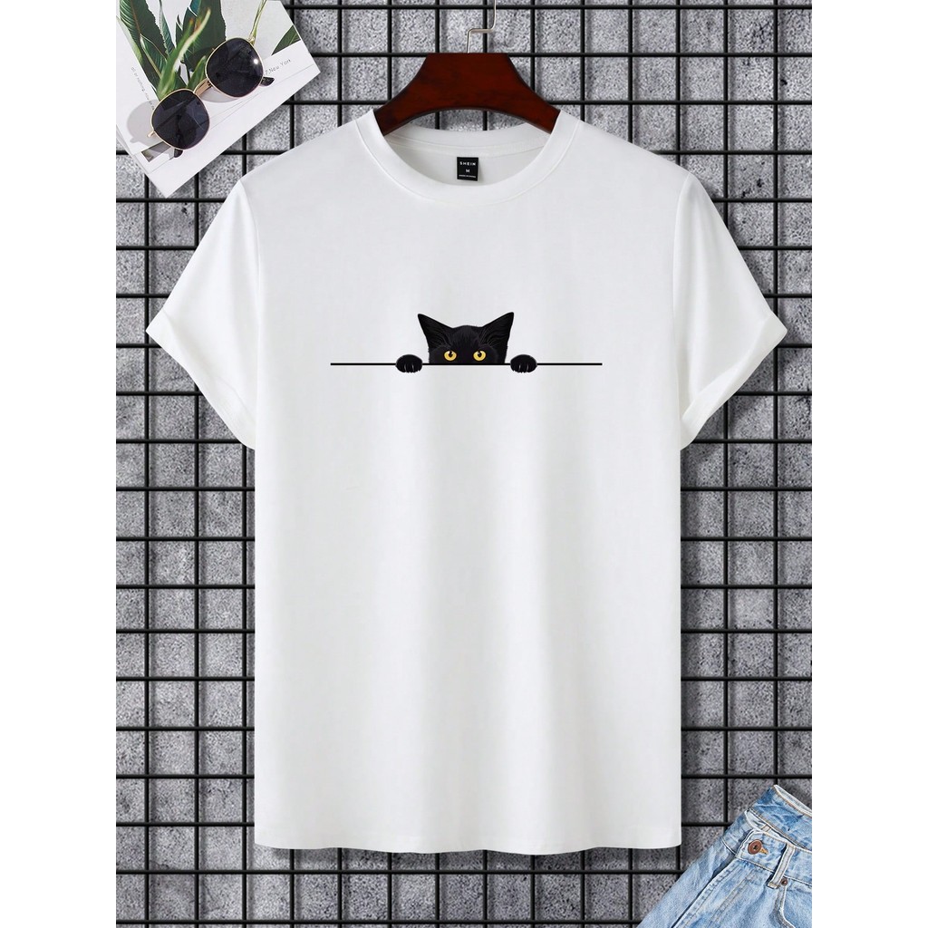 2024 Manfinity Homme Camisetas Masculinas com ajuste, manga curta, estampa gráfica de gato engraçado