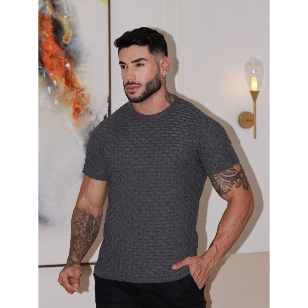 camiseta masculina de tricô com manga curta, gola redonda padrão verão chique homme