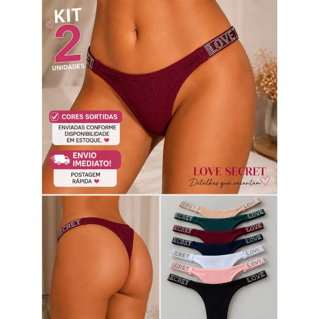 Kit Com 2 Calcinhas Canelada Love Secret Conforto Strass