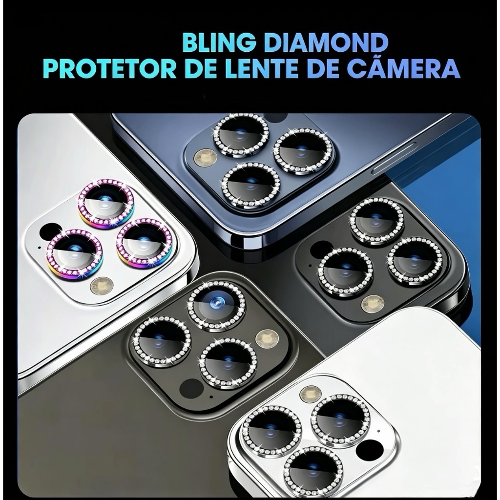 KiT Lente de Câmera Brilho Diamante Luxo Compatível com iPhone  11/ 12 /13 /14 15 /16plus/16 Pro Pro Max