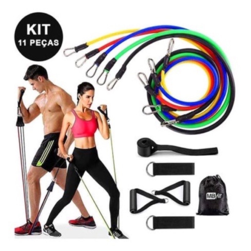 Elástico Extensor Kit  11  Peças  Power Tube Treino  Pilates Fitness Academia Funcional CrossFit