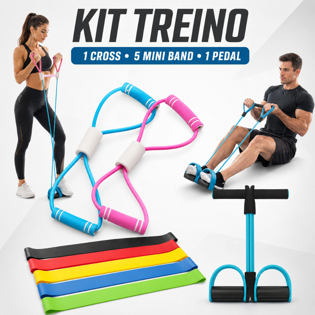 Treino Em Casa Fitness Com Elástico Extensor Cross Tube + Pedal + 5 Mini Band