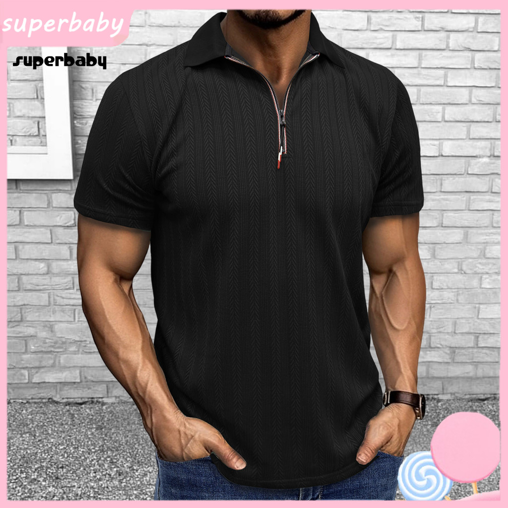 Men Shirt Jacquard Men's Summer Thin Short Sleeve Zippered Lapel Pullover Lightweight Loose Fit Top for Travel Commuting