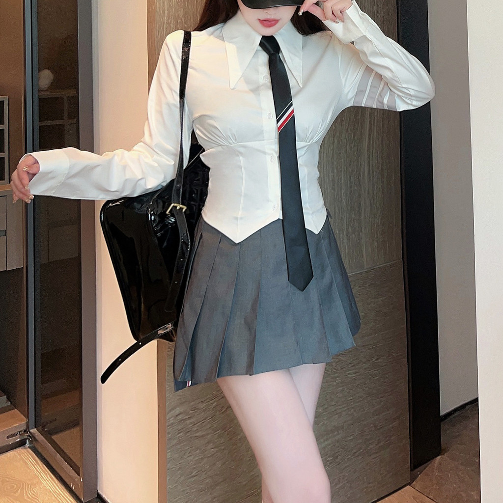 EPEP Waist cinching jk Short, fitted, long-sleeved white shirt for women, a new spring/autumn style/with a tie