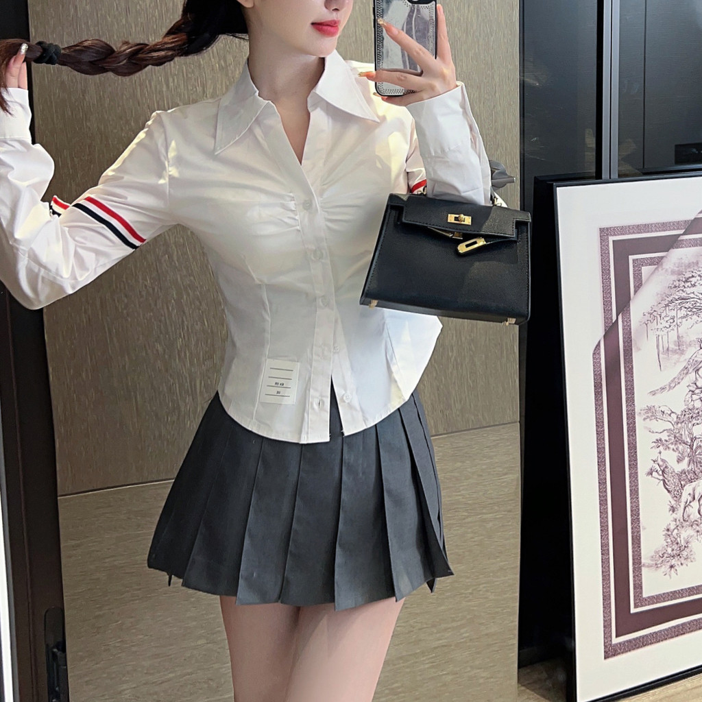 WLZM Double-striped, short-sleeved, white long-sleeved shirt for women, perfect for spring and summer, with a casual and