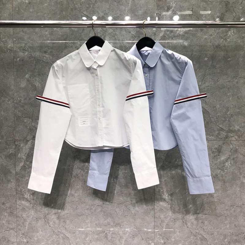 TP6W thombrowne Women's short shirt, long-sleeved, trendy, cropped, with double sleeves, ribbed fabric, preppy style, sl