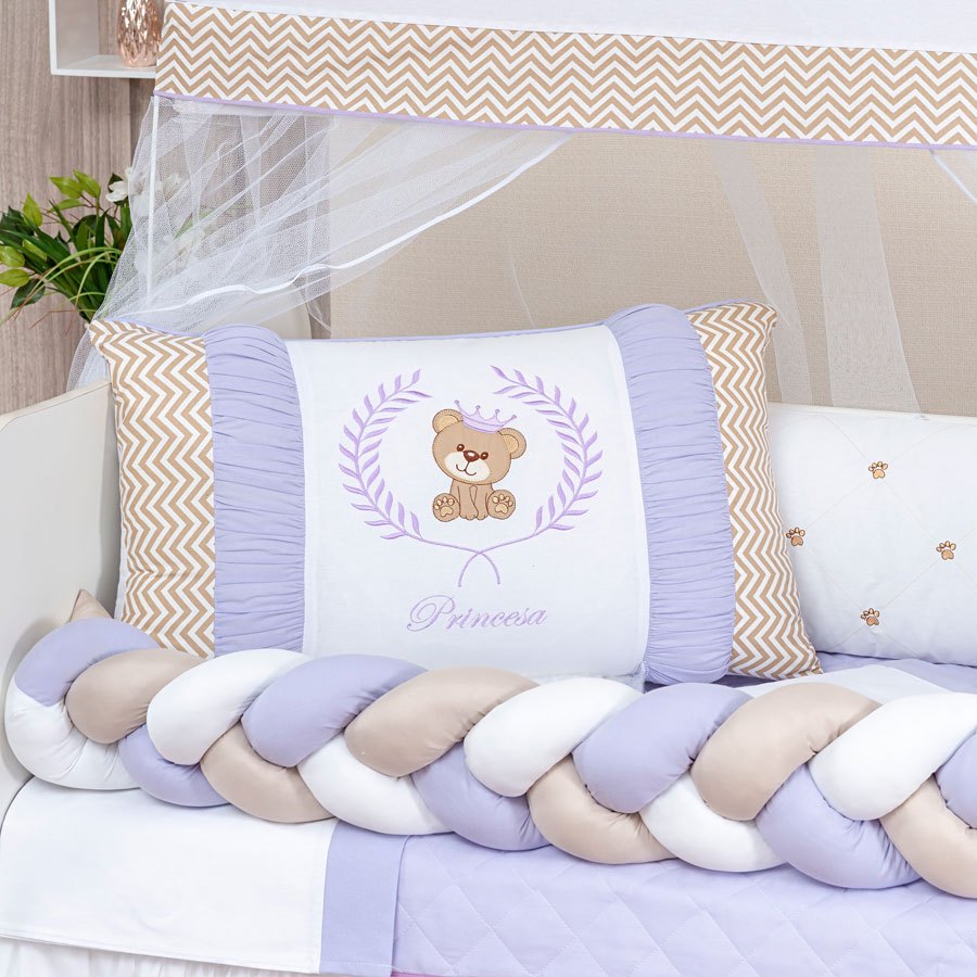 Kit Berço Teddy Tranca 11 Pcs Menina Ursinha Princesa Lilás Bebe Chevron Protetor Mosquiteiro
