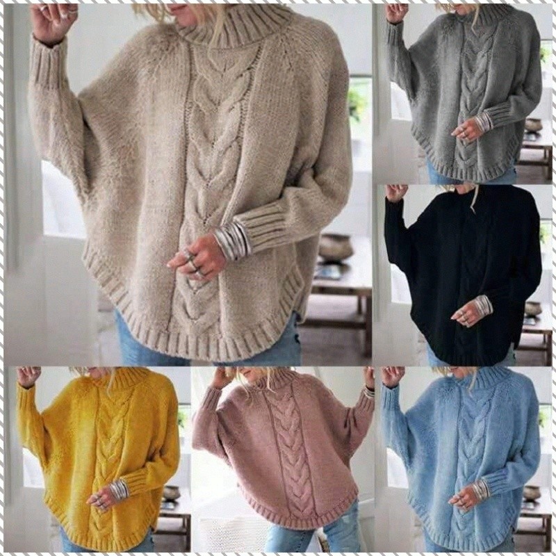 【Design de Manga Morcego】[Ideal para Outono-Inverno] Knit Sweater Women Loose Half High Neck Twist Knit Sweater Women/Su