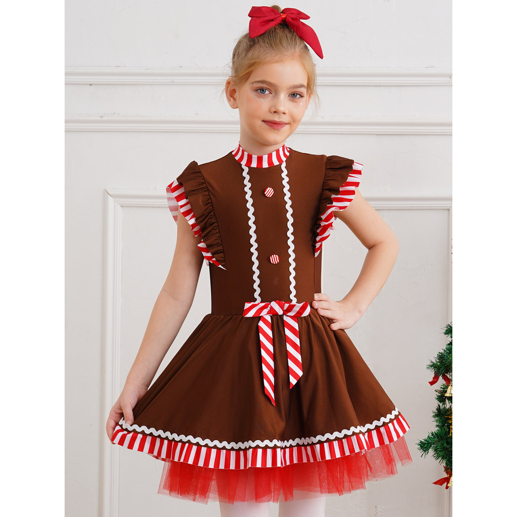 inhzoy Kids Girls Christmas Gingerbread Man Costume Flying Sleeve Stripes Tutu Dress Dance Dress Party Dress Up Costume