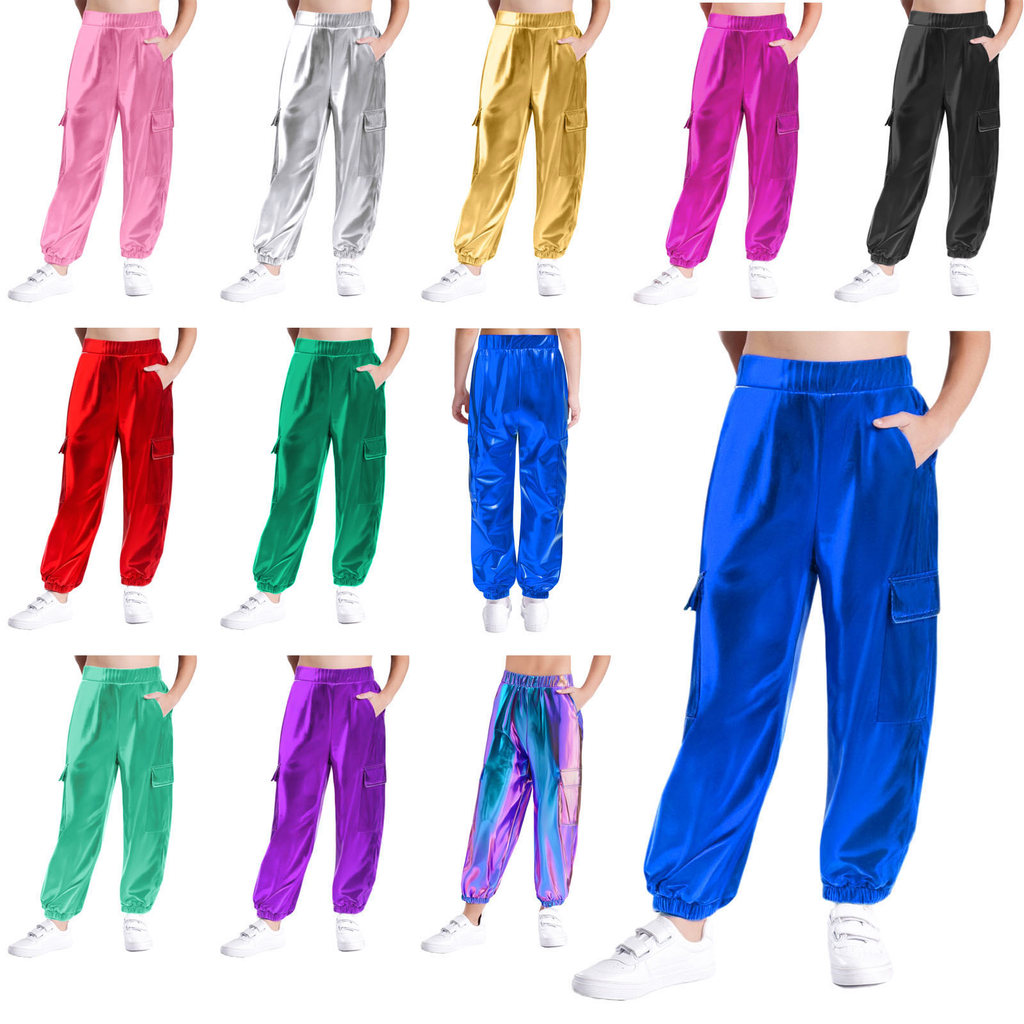 inhzoy Unisex Kids Boys Girls Metallic Shiny Pants Elastic Waistband Trousers with Pockets for Hip-Hop Jazz Dance