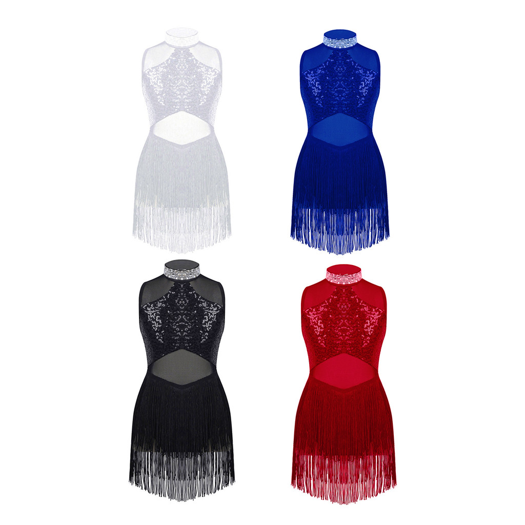 inhzoy Kids Girls Stylish Clothing Shiny Rhinestone Decorated Collar Sequins Patchwork Mesh Tassel Hem Dance Leotards