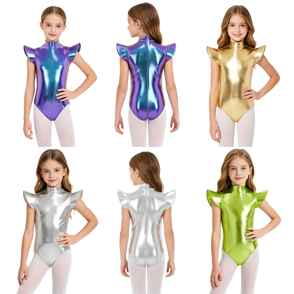 inhzoy Kids Girls Cap Sleeve Metallic Leotard Mock Neck Back Invisible Zipper Bodysuit for Gymnastics Dance Perforamnce