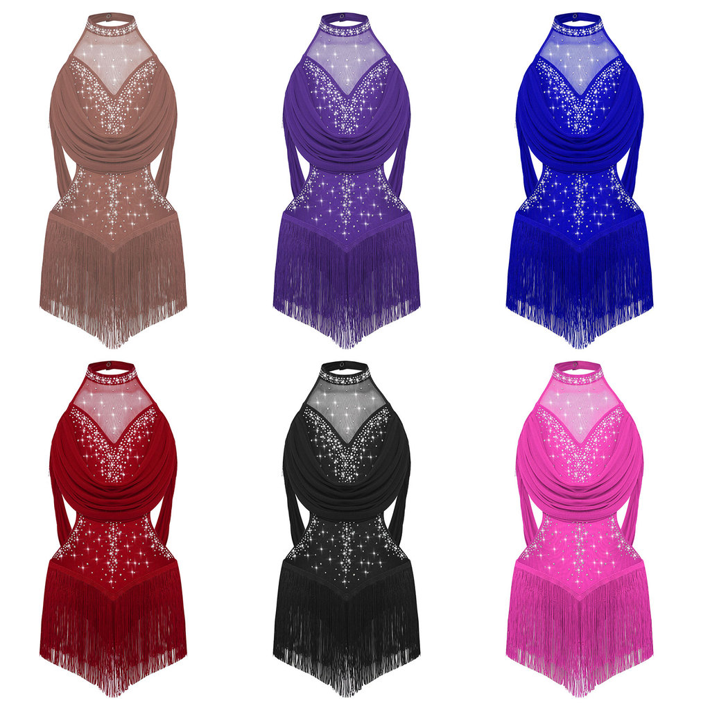 inhzoy Kids Girls Latin Dance Costume Ruched Mesh Drapes Cutout Tassel Glittery Rhinestones Leotard