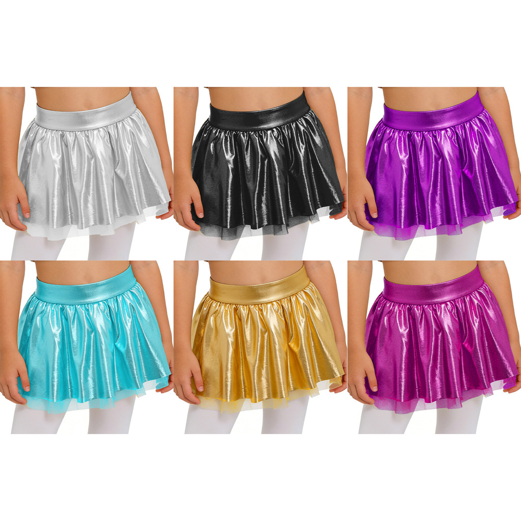 inhzoy Kids Girls Dance Costume Elastic Waistband Metallic Tutu Skirt for Performance Competition