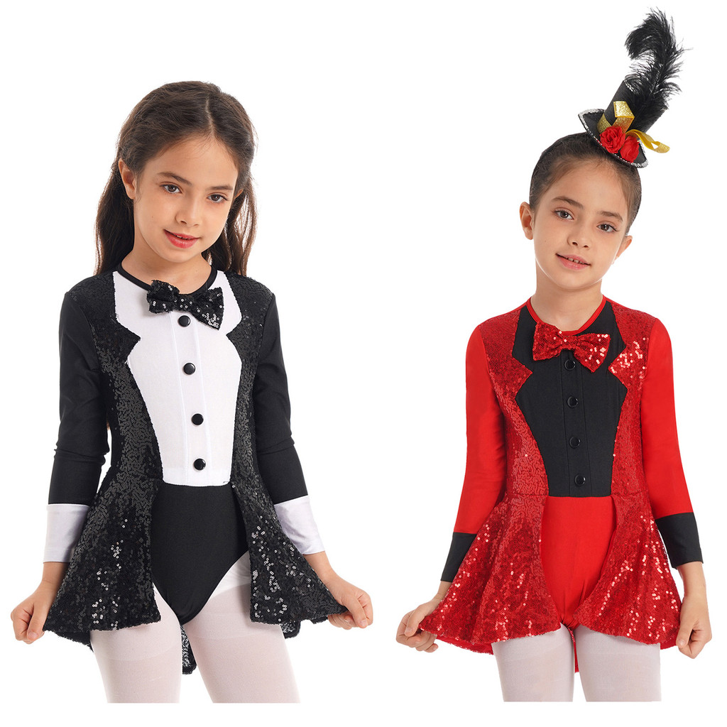 inhzoy Kids Girls Cosplay Dance Leotard Round Neck Long Sleeves Bow Tie Sequins Adorned Leotard with Hem
