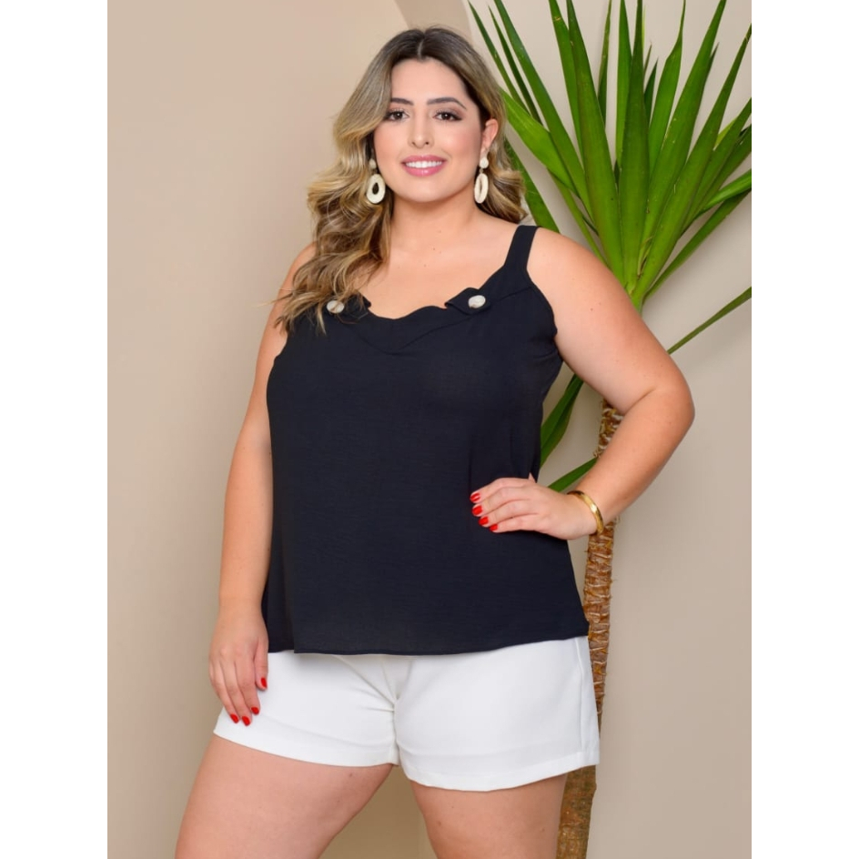 Regata Duna Detalhe Frontal de Botão Decote em V Alça Fixa Feminino Moda Verão Plus Size