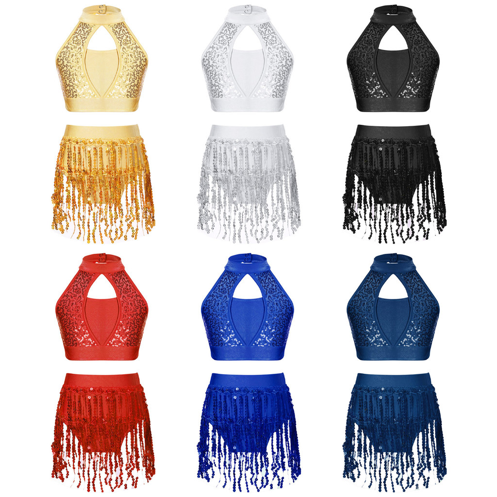 inhzoy Kids Girls Sequin Dance Outfit 2-Piece Set Hollow Halter Top Sequin Fringe Shorts Suit for Jazz Latin Samba