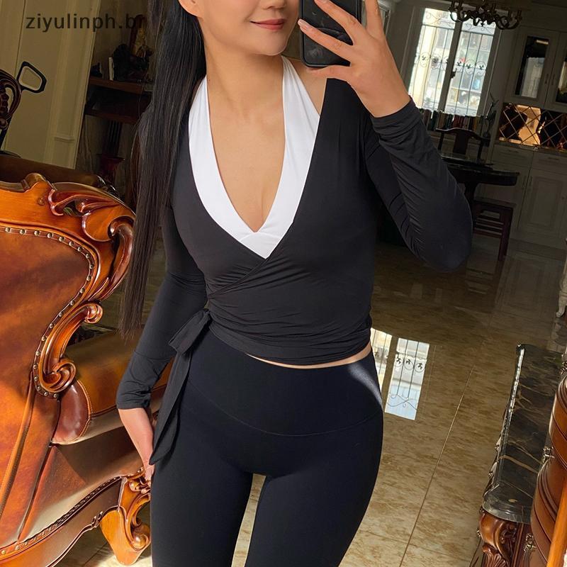 ziyulinph Mulheres Cross Wrap Tie Tops Manga Longa Yoga Workout Blusas V Profundo Ne Mixing Color Slim Fit Camisas Senho