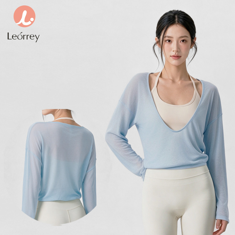 Leorrey-Deep V-Neck Yoga Cover Up Manga Longa Bainha Elástica Ginásio Top Malha Pilates Workout Crop