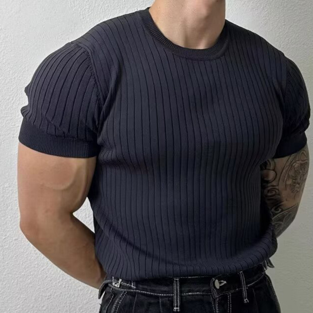 Men Sport T-shirt Summer Top Men's Slim Fit Short Sleeve O-neck Workout Gym Training Elastic Knitted Thread Solid Color